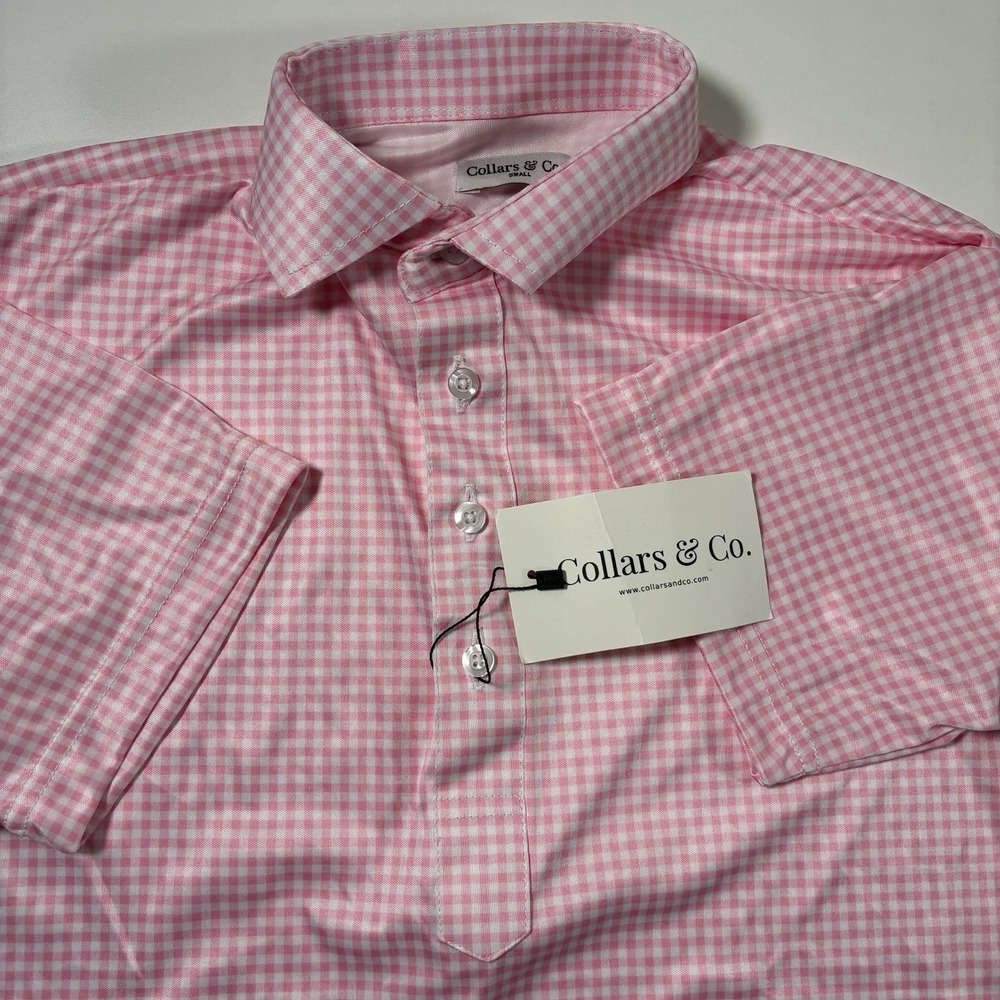 NEW Collars and Co. Dress Polo Shirt Small Light Pink‎ Gingham Check Office